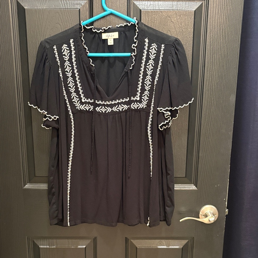 Style & Co. Black Blouse with White Embroidery